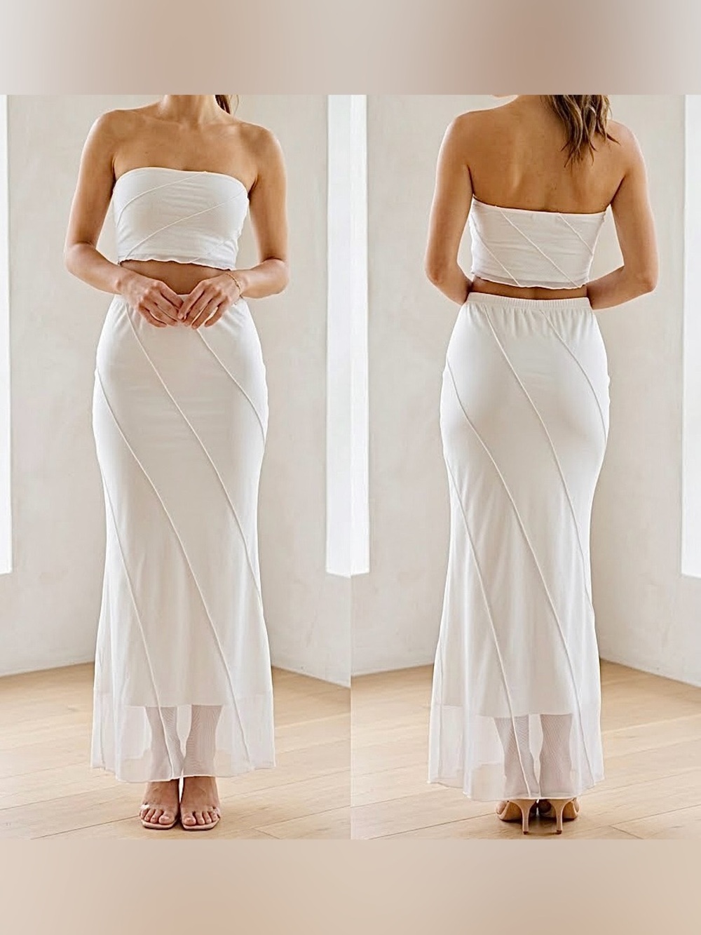 White Seam-Detail Maxi Skirt and crop top set